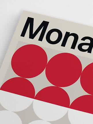 Affiche graphique avec le texte "Mona" et des cercles rouges et blancs sur fond clair