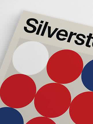 Graphic poster with the word "Silverst" and large red, blue and white circles