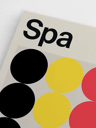 Abstract Spa poster with large black, yellow and red circles on a light background