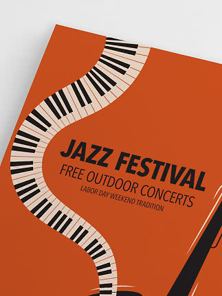 Affiche orange de festival de jazz avec clavier de piano ondulant et texte noir
