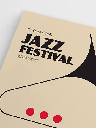 Minimalistisk jazzfestivalplakat i beige med sort typografi og tre røde prikker