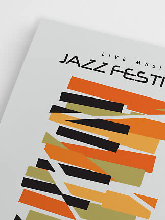 Poster con scritta "Jazz Festival" e strisce astratte arancioni, nere e verdi su sfondo bianco