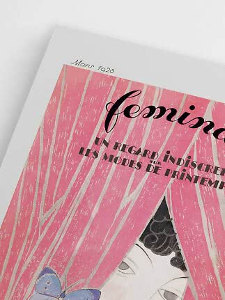 Close-up of a vintage French fashion poster with pink stripes, partial face and blue butterfly