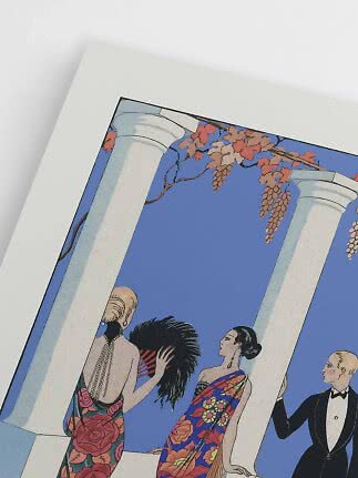 Illustration of party guests in patterned dresses between columns under hanging grapes