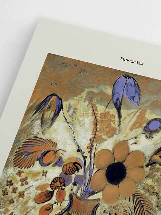 Poster met bloemenillustratie in beige, oranje en paars met de tekst Etruscan Vase