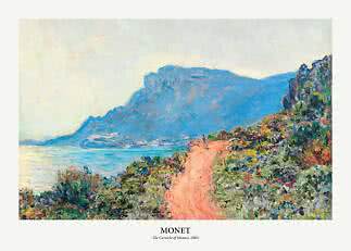 Monet-plakat med impressionistisk kystlandskab, bjerg, hav og sti ved Monaco