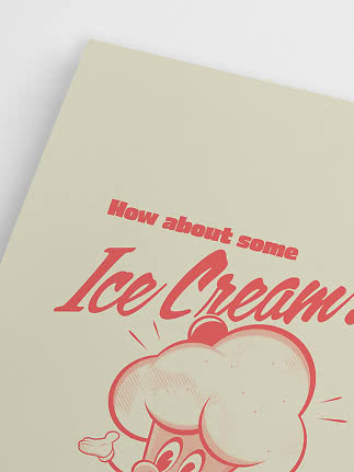 Plakat med rød tekst 'Ice Cream' og tegnet isfigur på lysegul baggrund