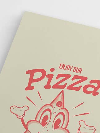 Nærbillede af cremefarvet plakat med rød pizza-tekst og tegnet pizzakarakter