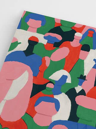 Farbenfroher abstrakter Kunstdruck mit stilisierten Figuren in Rosa, Grün, Blau, Rot und Schwarz
