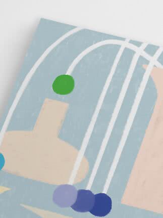 Abstract poster with light blue background, white arches, beige shapes and colored dots