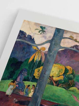 Gerahmtes Gemälde mit Baum, Figuren und farbigen Hügeln in tropischer Landschaft