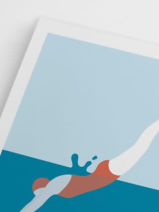 Affiche abstraite avec nageur dans l’eau, fond bleu clair et bordure blanche