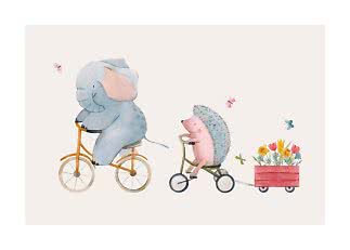 Watercolor elephant on a bicycle and hedgehog on a tricycle pulling flowers in a wagon