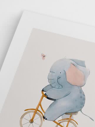 Poster with watercolor blue elephant on a bicycle and a small butterfly