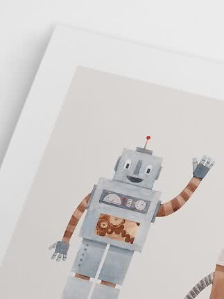 Plakat med akvarelrobot i blå og grå nuancer, der vinker