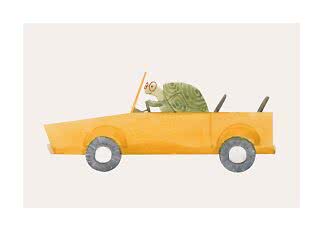 Illustration af en skildpadde med røde briller i en gul cabriolet