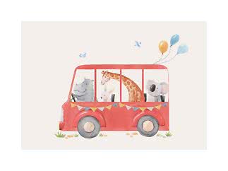 Akvarel af rød bus med flodhest, kanin, giraf og koala samt balloner og fugle