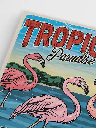 Vintage travel poster reading "Tropical Paradise" with pink flamingos by the water