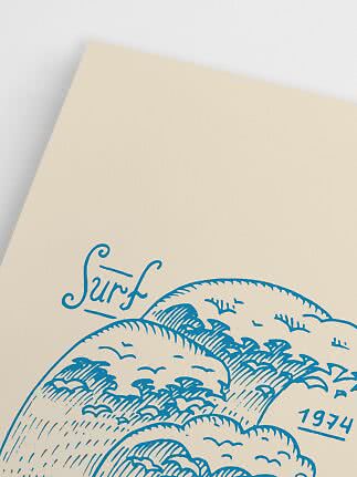 Close-up of a cream poster with blue surf illustration and the text "Surf 1974"