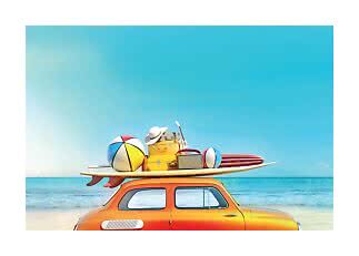 Orange car at the beach with surfboards, suitcases, beach balls, hat and radio on the roof