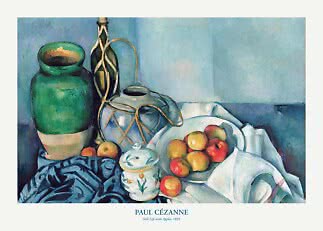 Stilleben af Cézanne med æbler i en skål, grøn krukke, flaske og hvid dug