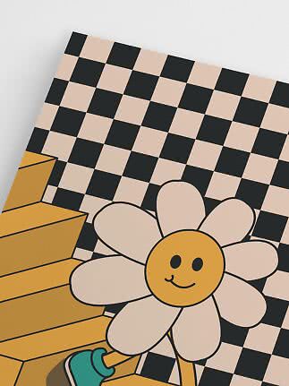 Illustration av en leende blomma med svartbeige rutmönster och gula trappor