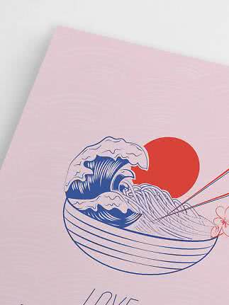 Illustriertes rosa Poster mit Ramenschale, Welle, roter Sonne und Essstäbchen