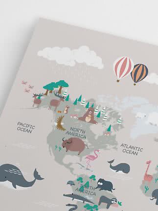 Illustrated world map poster with animals over North and South America, balloons and clouds