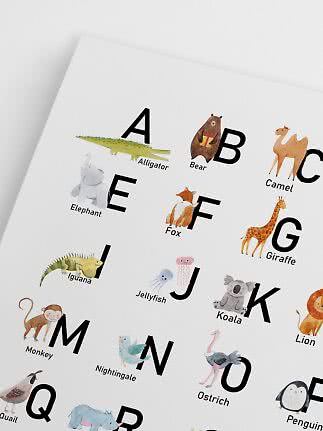 Children's alphabet poster with animal illustrations on a white background