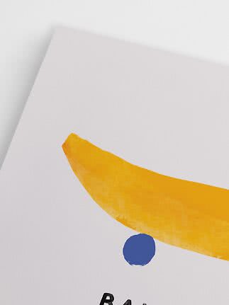 Abstract poster with yellow curved brushstroke and blue dot on white background