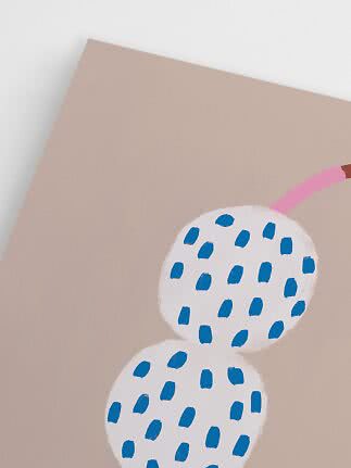 Abstract poster with two white circles with blue dots on beige background and pink line