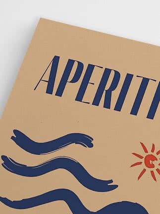 Close-up of poster with blue waves, red sun and APERITIF text on beige background