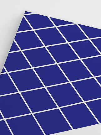 Blue poster with white diagonal grid pattern on a light background