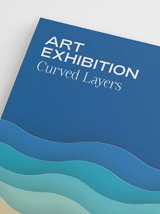 Blue poster with the text "ART EXHIBITION Curved Layers" and wavy blue and turquoise layers