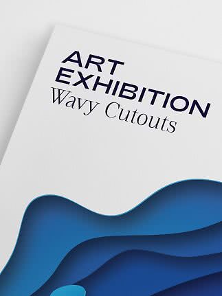 Poster reading "ART EXHIBITION Wavy Cutouts" with layered blue wavy shapes at the bottom