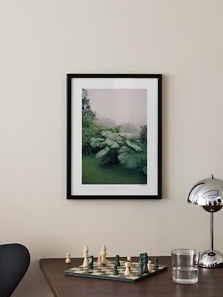 Framed botanical print on wall above a table with chessboard, glass of water and chrome lamp