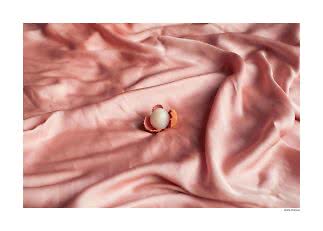 Åben litchi på rosa, skinnende stof med bløde folder