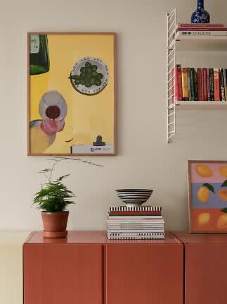 Wall still life above a red cabinet with plant, striped bowl, books and white shelf.