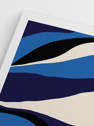 Abstract print with wavy stripes in blue, cream, black and dark navy on a white background