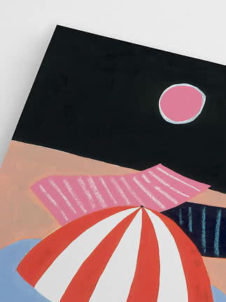 Abstract beach scene with red and white umbrella, pink towel and pink sun against a dark sky