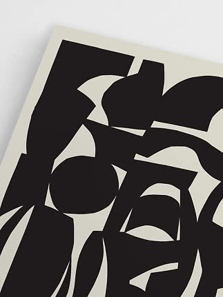 Abstract black and white poster with organic shapes and a circular form on a light background