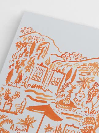 Orange illustration of a village, cliff, house and palm trees on white paper
