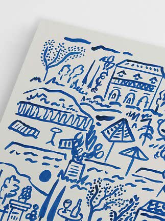 Blue hand-drawn illustration of a landscape with buildings, trees, parasols and table on white background