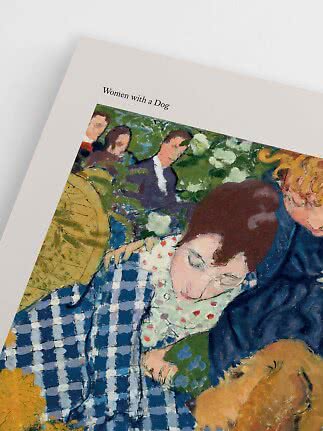 Plakat med teksten "Women with a Dog" over et farverigt maleri af kvinder og en hund