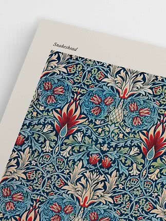 Plakat med blomsterornament i blå, rød og creme med teksten "Snakeshead" øverst