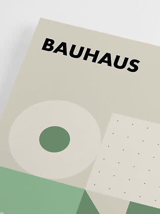 Minimalistyczny plakat BAUHAUS z geometrycznymi kształtami w zieleni, bieli i beżu