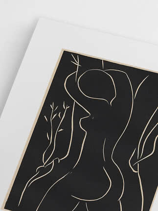 Close-up of abstract poster with white line drawing of a woman on black background