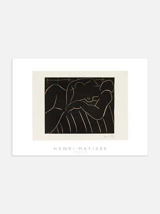 Indrammet Henri Matisse-plakat med abstrakt liggende figur i sort og beige
