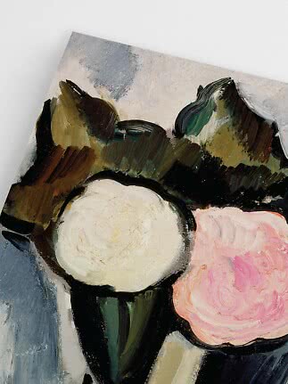 Peinture florale abstraite avec une fleur blanche, une rose et des feuilles vert foncé