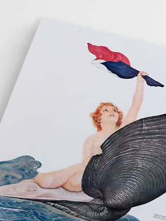 Illustration of a nude woman on a large black fish, waving a red, white and blue cloth